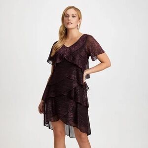 Laura Brooch Detail Metallic Tiered Dress